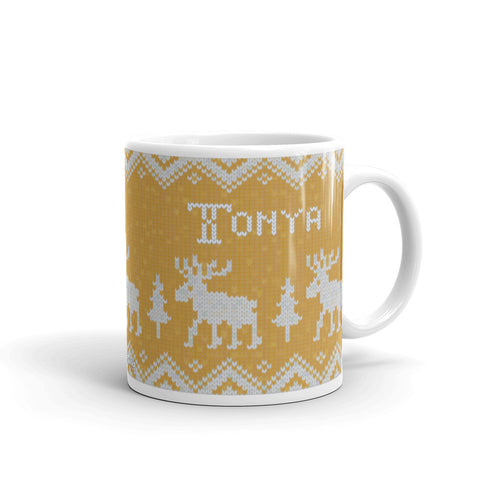 Scandinavian Moose Mug, Knitting Name Mug, Christmas Sweater Mug